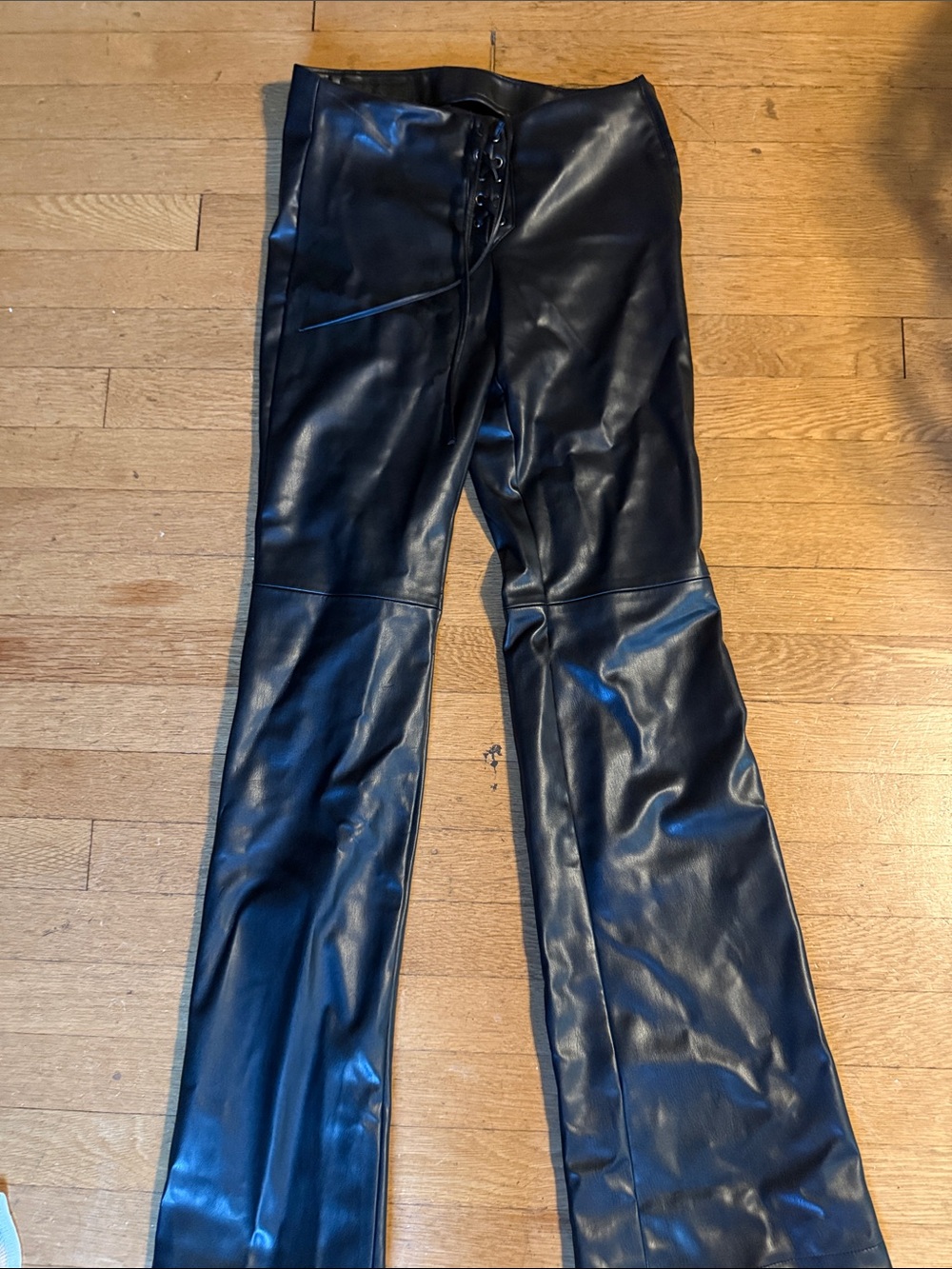 Zara Black Faux Leather flare Pants with Lace-Up Waist